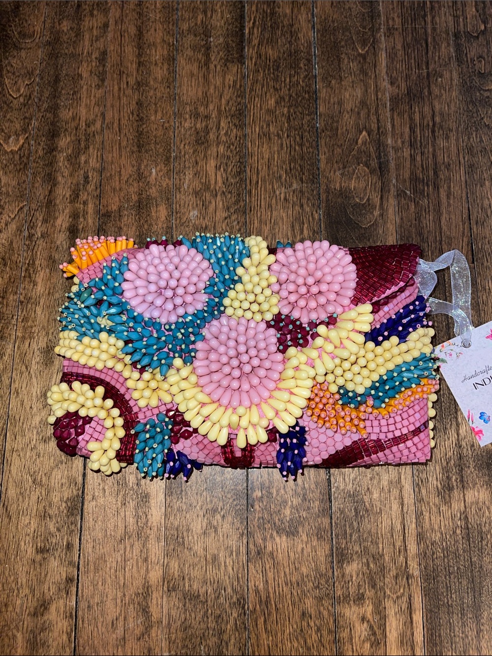 New Hand-Beaded Floral Clutch / crossbody  - Pink, Yellow & Teal